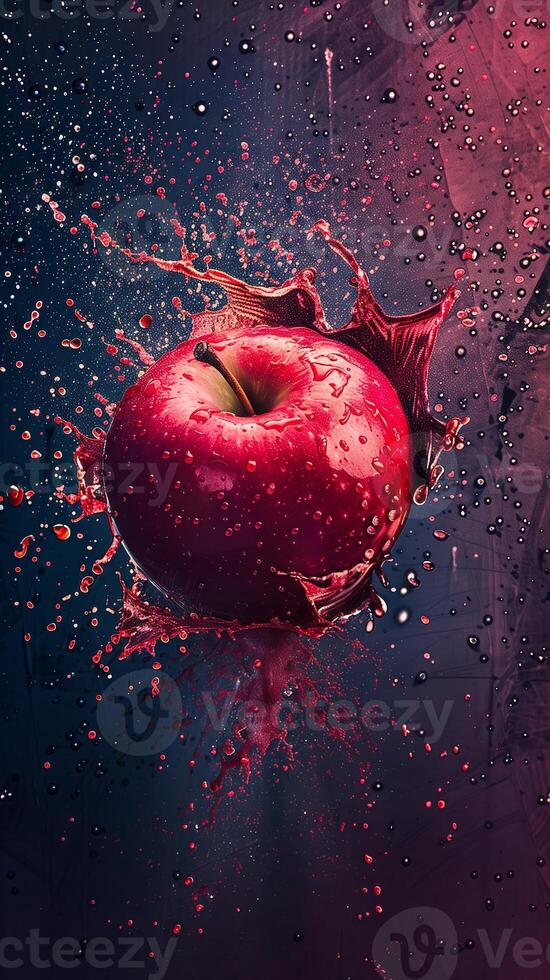 A red apple is shown in a dramatic splash of water photo