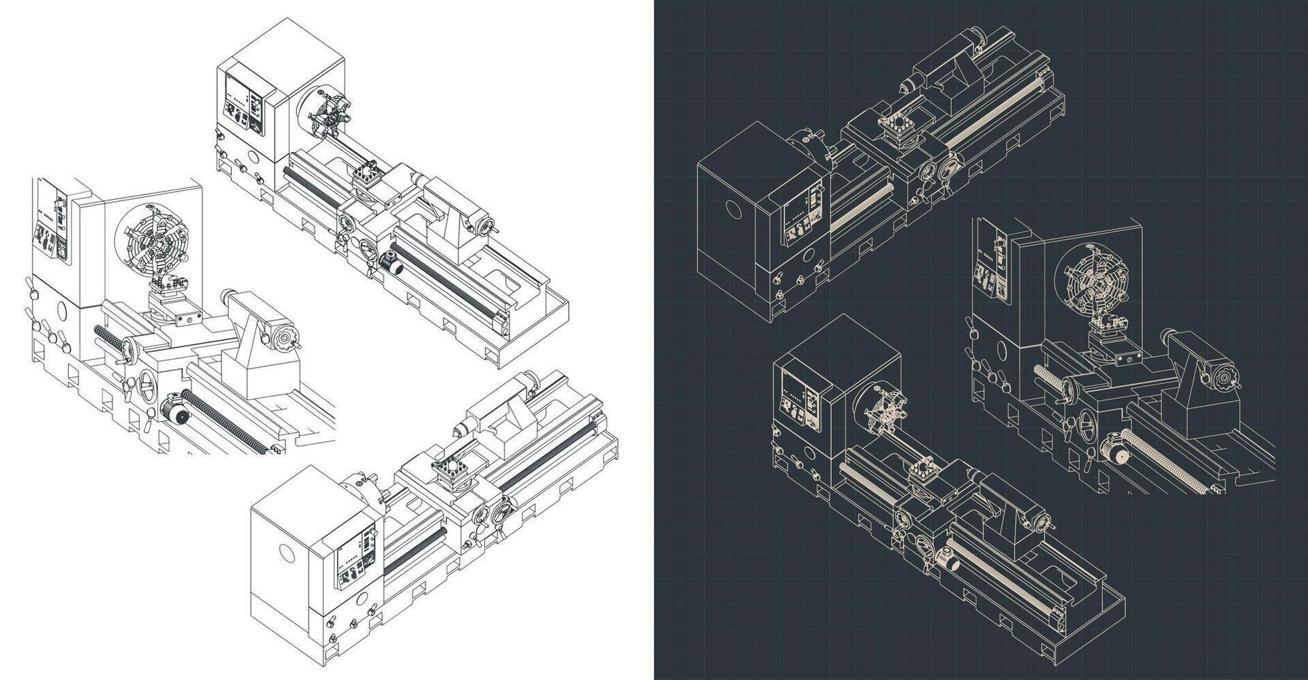 Mechanical lathe isometric blueprints vector