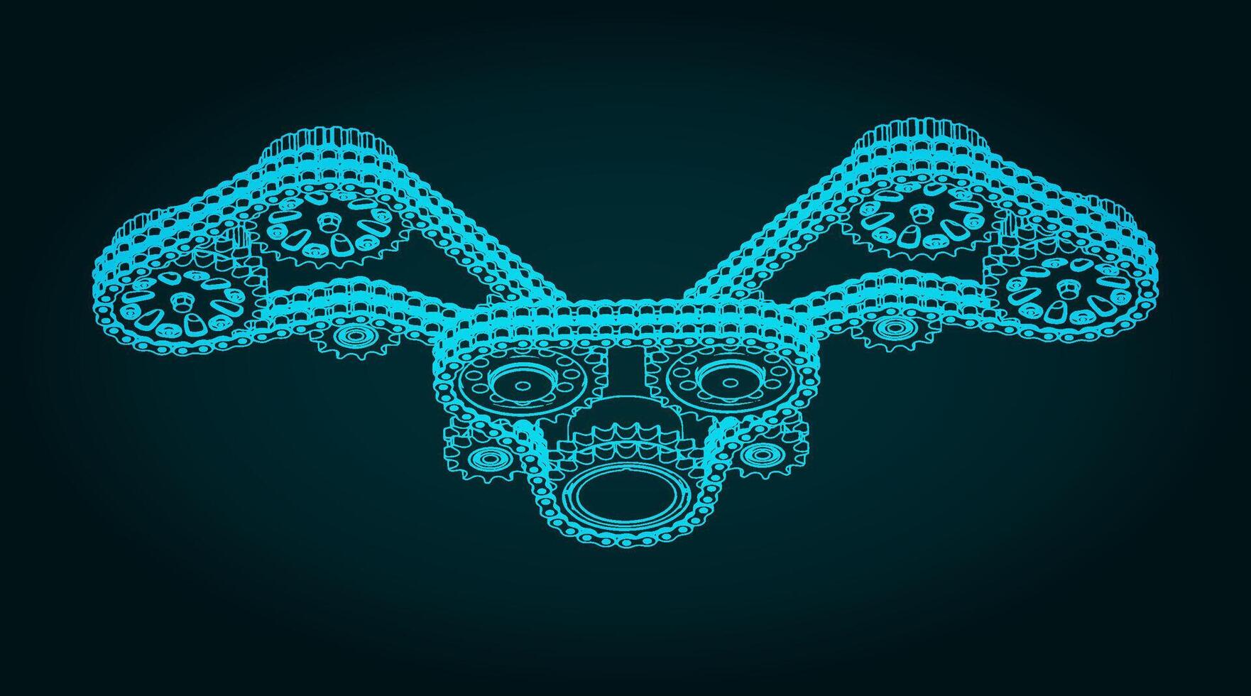 Chain drive and gears isometric blueprints vector