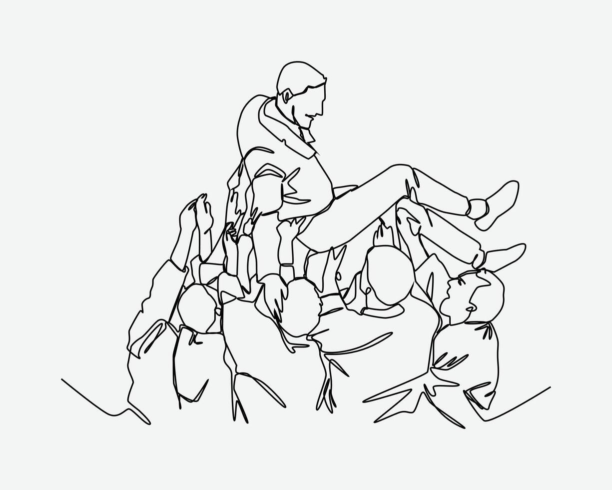 One line drawing of the players celebrates with the coach. the athletes lift up the coach. theme of victory, success, sports. Editable stroke, Graphic illustration. vector