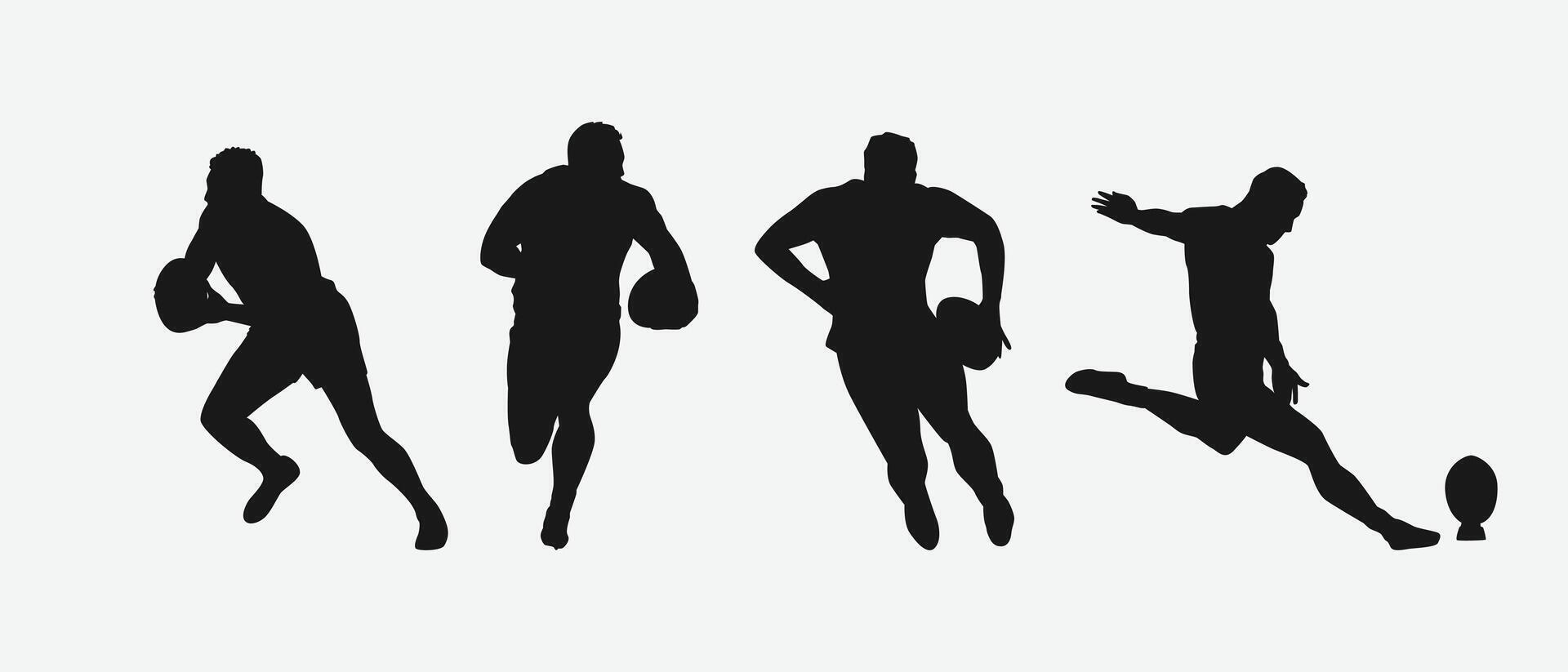 set of silhouettes of male rugby athlete with different pose, gesture. isolated on white background. graphic illustration. vector