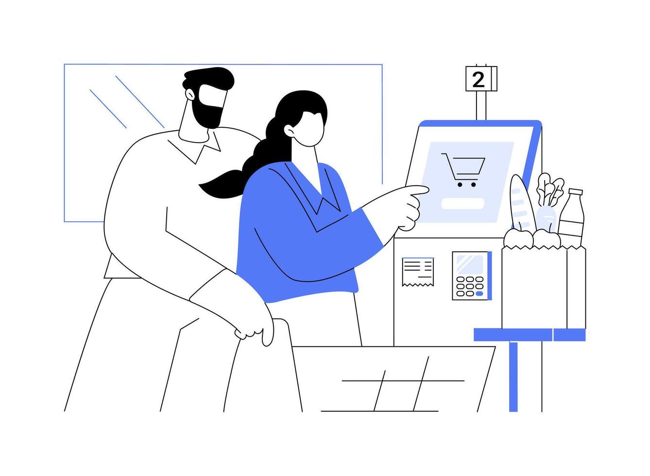 Self-serviced check-out counter isolated cartoon illustrations. vector