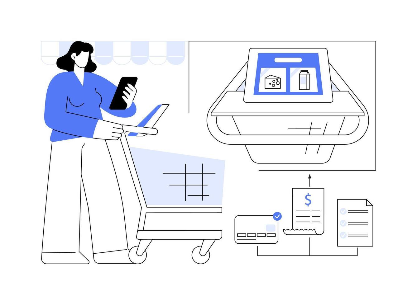 Interactive shopping cart isolated cartoon illustrations. vector