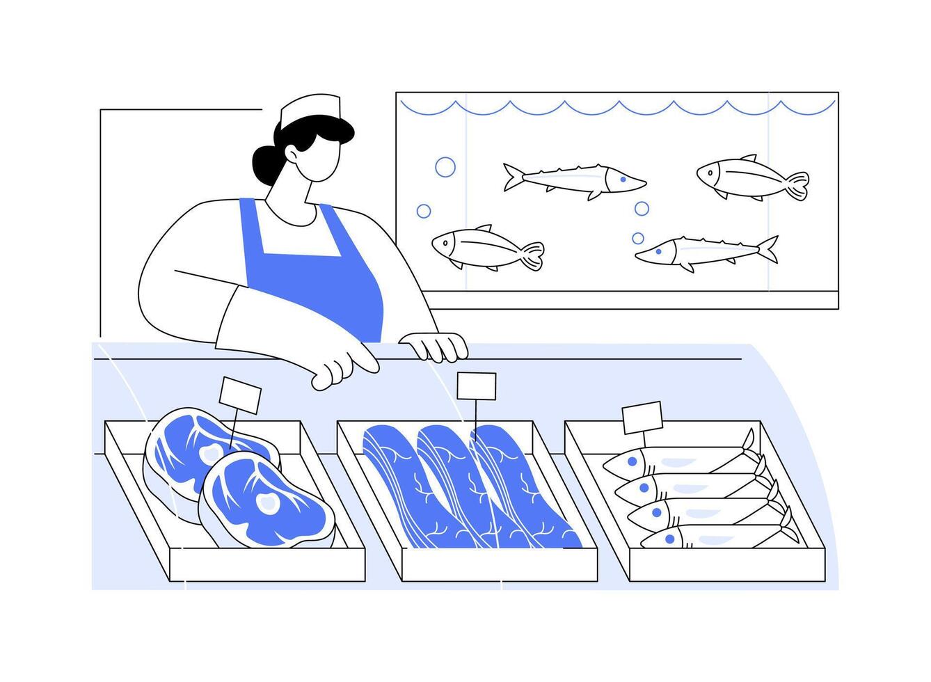 Meat and fish department isolated cartoon illustrations. vector