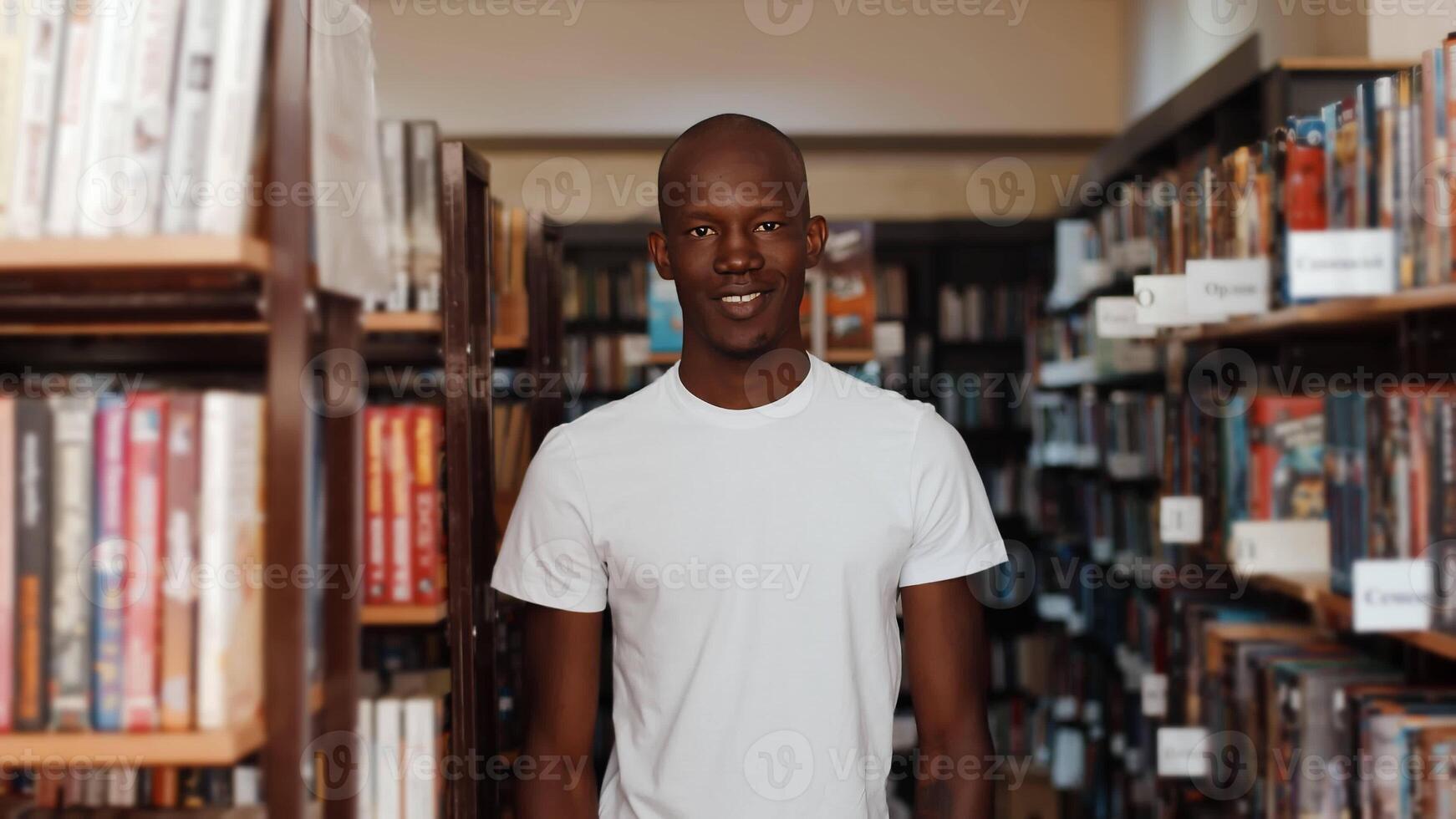 Black Man In Library Turns And Looks At Camera Smiles, Standing Between The photo