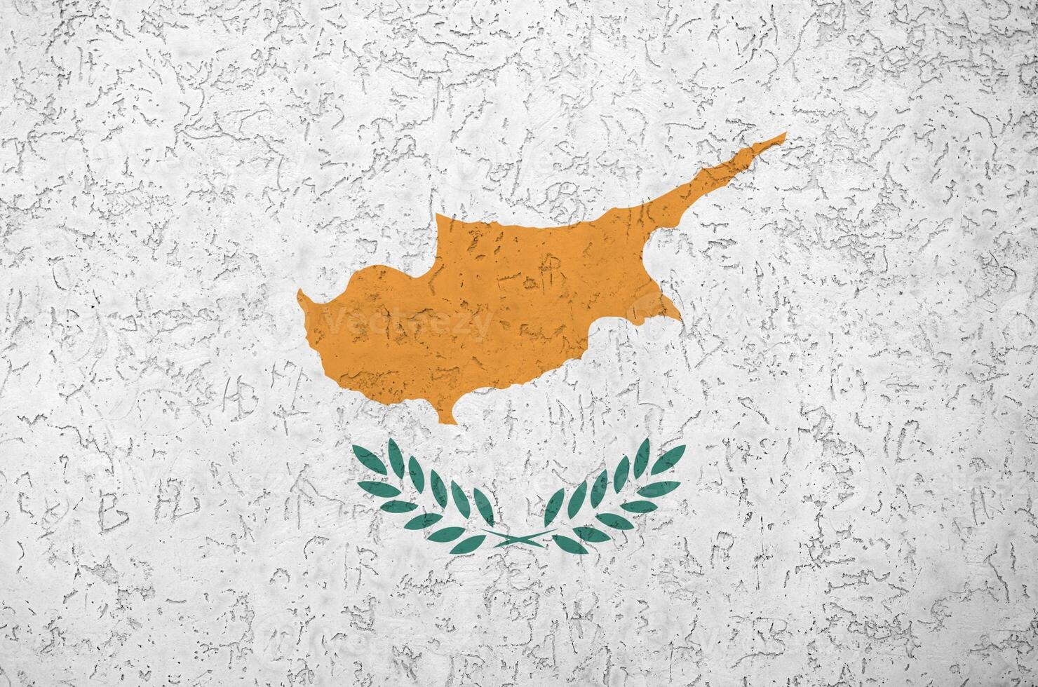 Cyprus flag depicted in bright paint colors on old relief plastering wall. Textured banner on rough background photo
