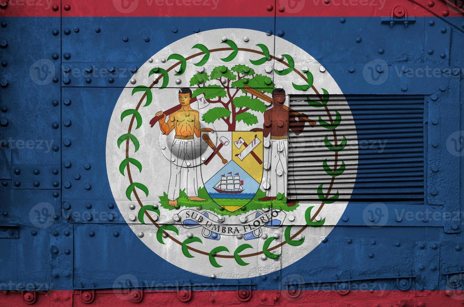 Belize flag depicted on side part of military armored tank closeup. Army forces conceptual background photo