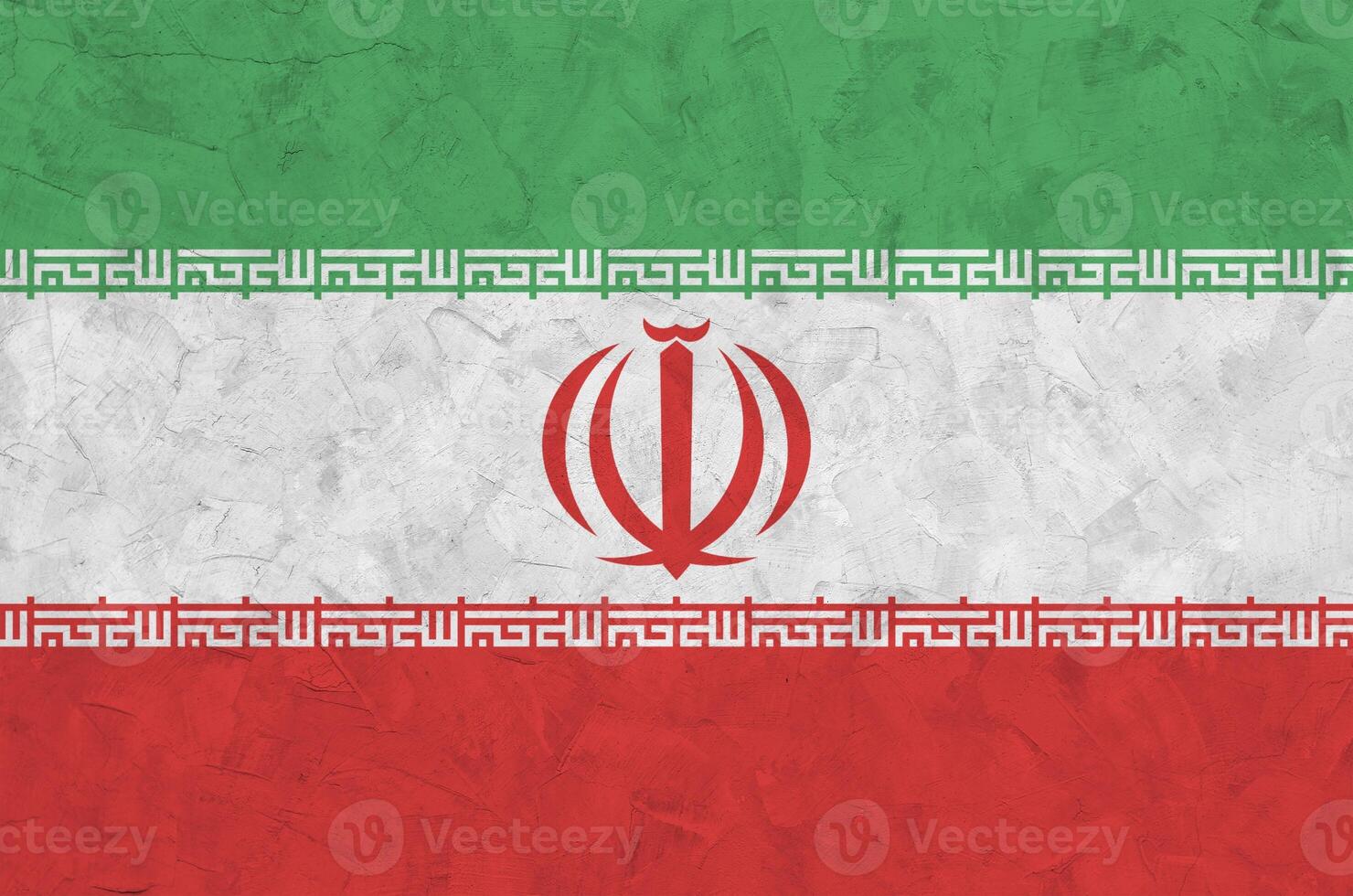Iran flag depicted in bright paint colors on old relief plastering wall. Textured banner on rough background photo