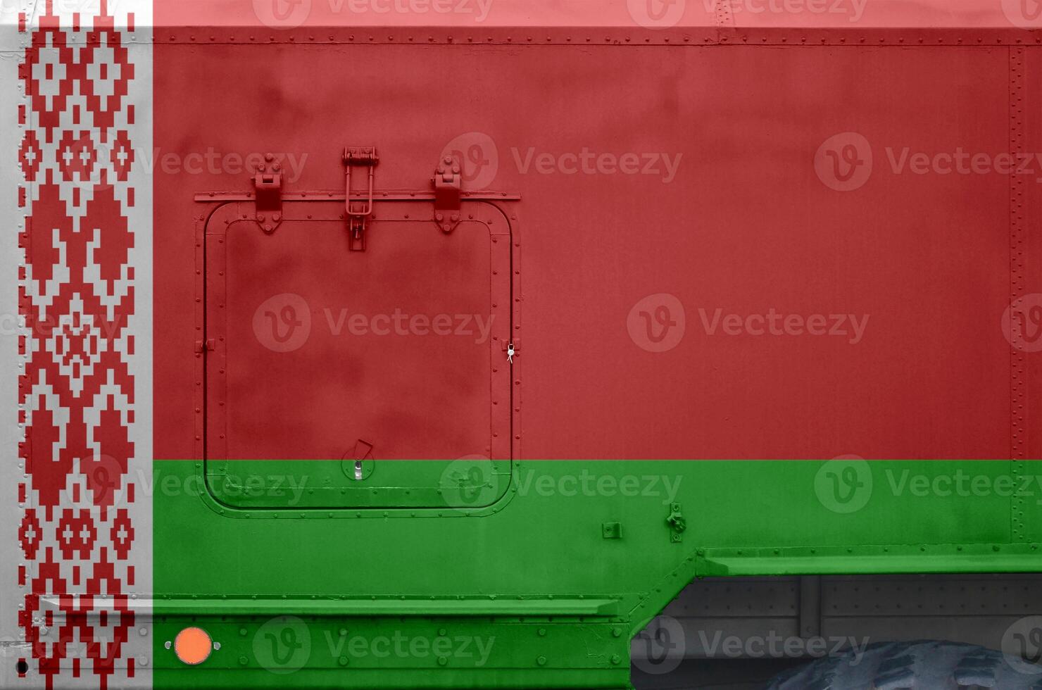 Belarus flag depicted on side part of military armored truck closeup. Army forces conceptual background photo
