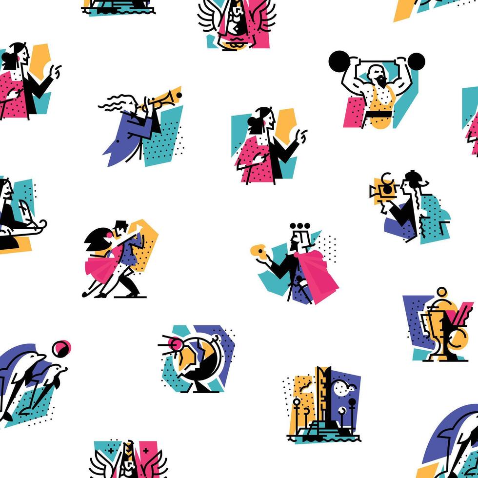 A set of icons on the theme of art forms. Music, choreography, singing, literature, theater, circus. Hobbies of creative people. Icons for the site, banner and print. Emblems, symbols. Pattern. vector