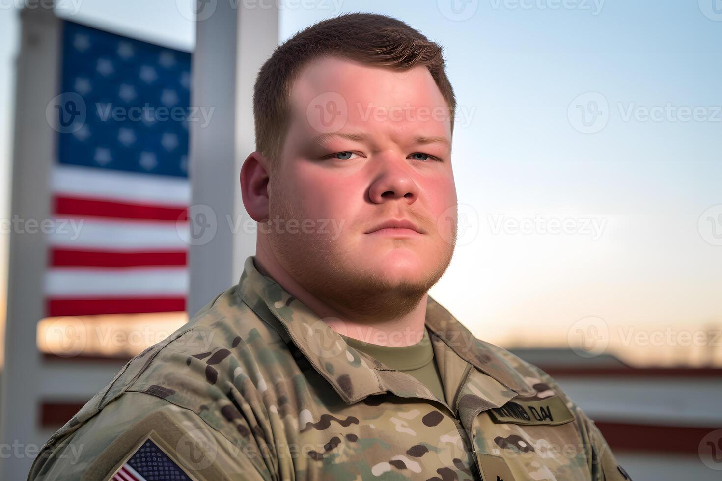 American patriot soldier concept over american flag background. Neural network photo