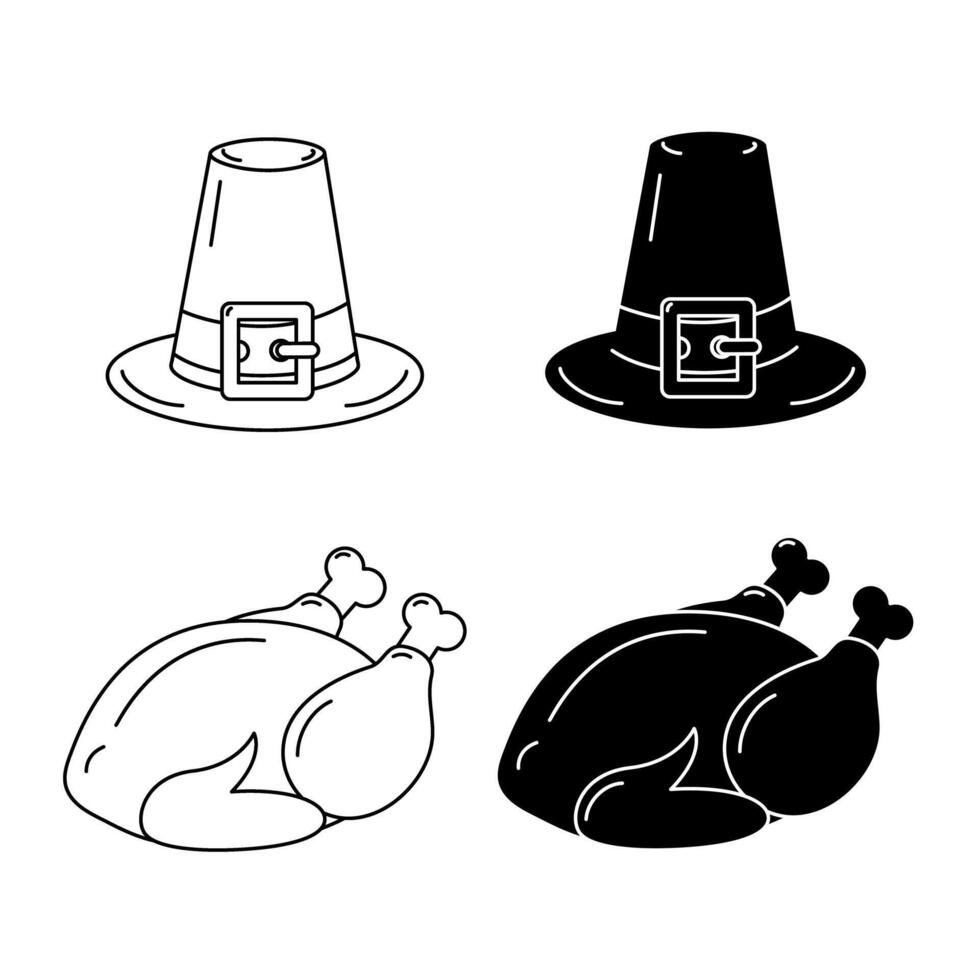 Roasted Turkey and Pilgrim Hat Black and White silhouette and outline hand drawn Thanksgiving symbol. Isolate EPS . Cards, poster, banner, brochure, greeting, invitation, tag, label or web idea vector