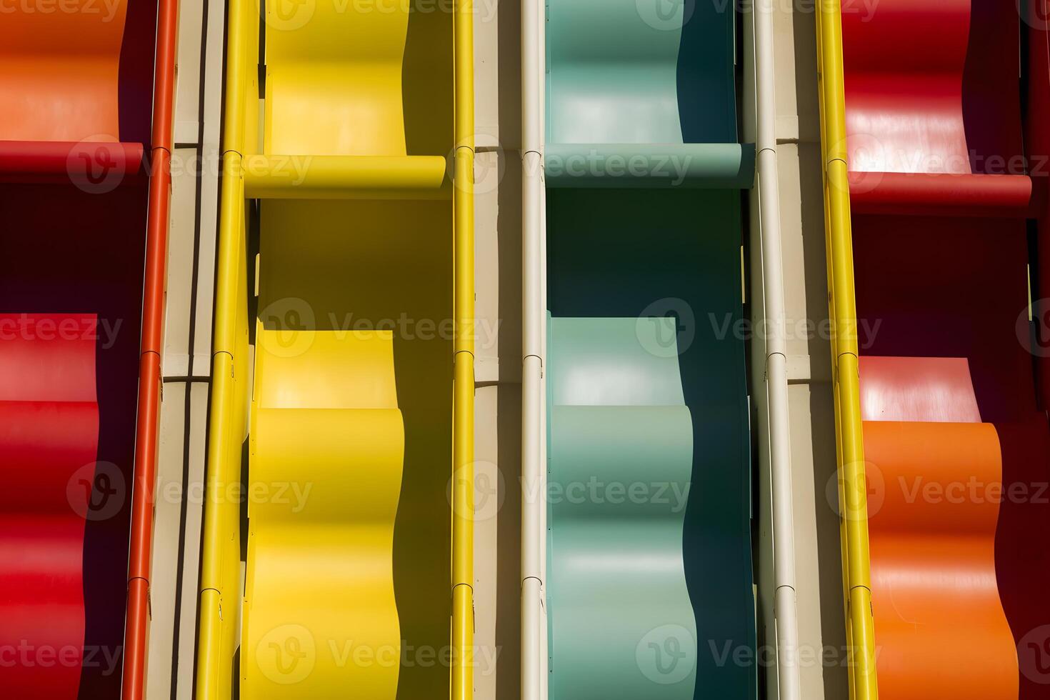 Beautiful view of water park with colorful slides and swimming pool on sunny day. Neural network photo