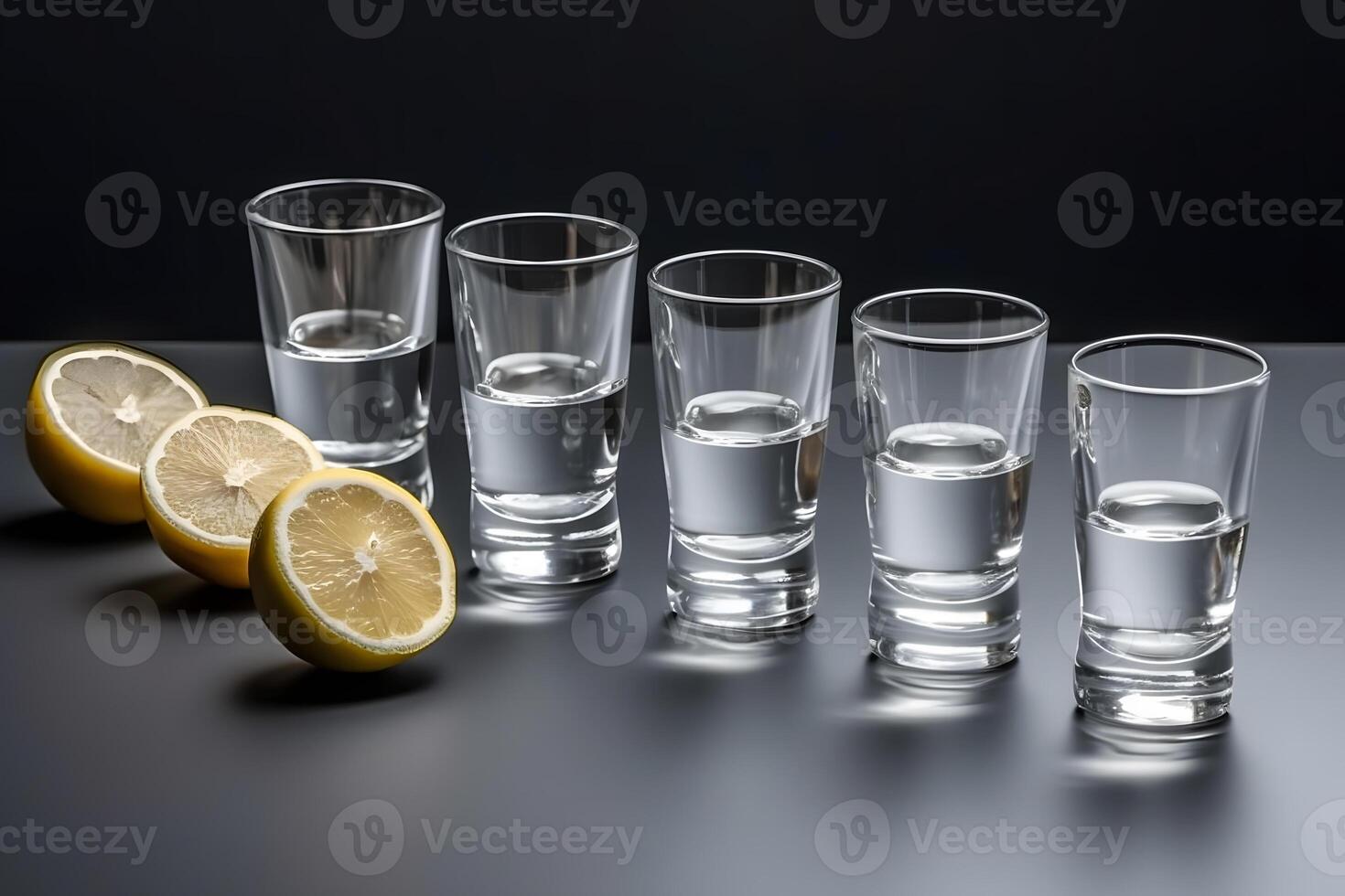 Shot glasses with tequila on bar counter. Neural network photo