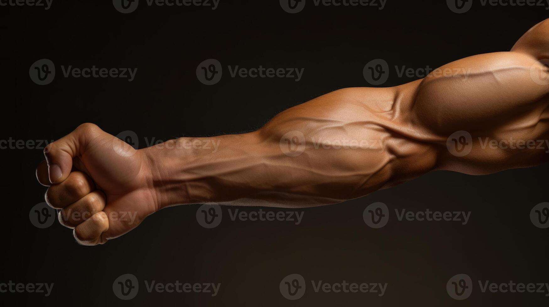 tense arm clenched into fist, veins, bodybuilder muscles on a dark background. Neural network photo