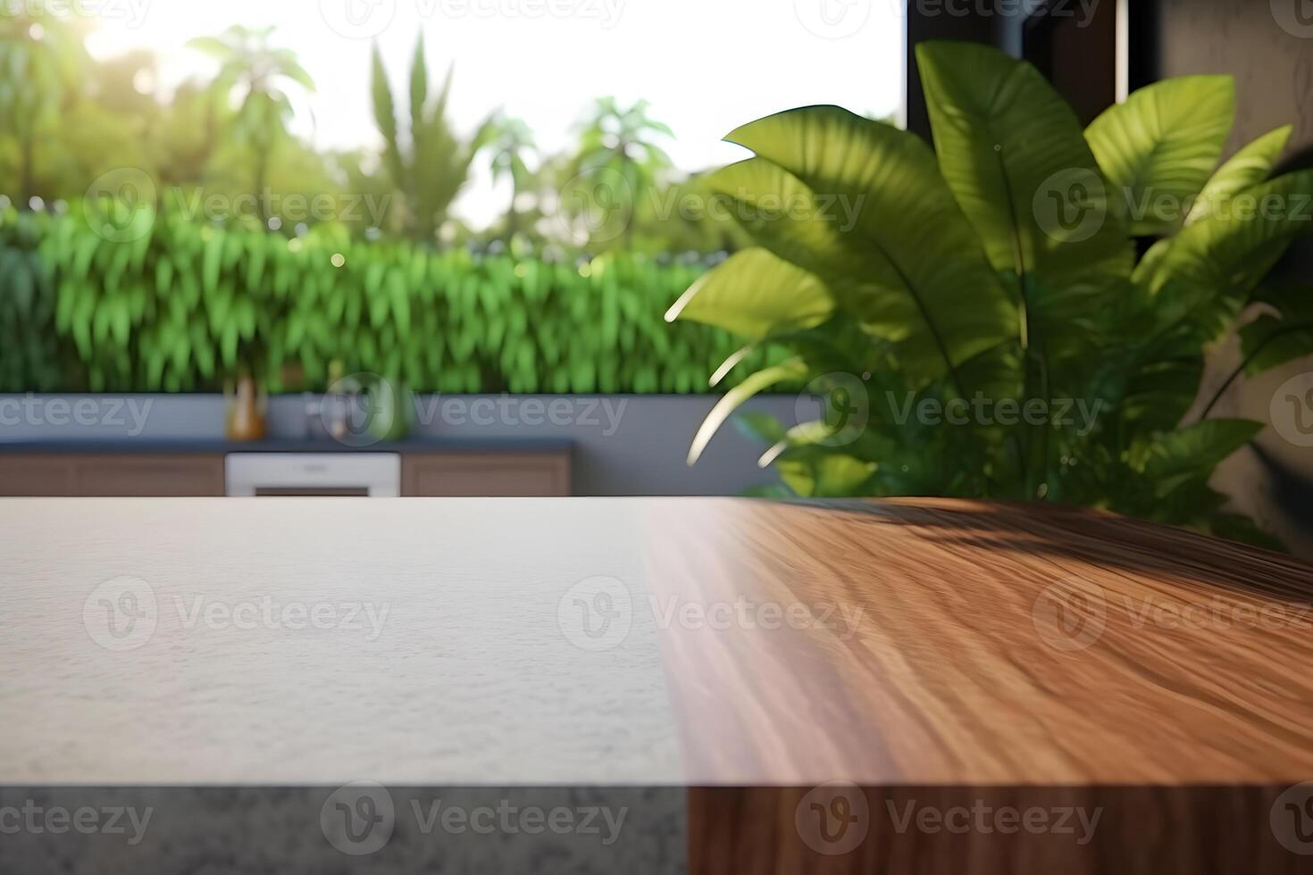 Jungle table background. Interior table for a cosmetic item against the backdrop of tropical plants, palms and jungle. Neural network photo