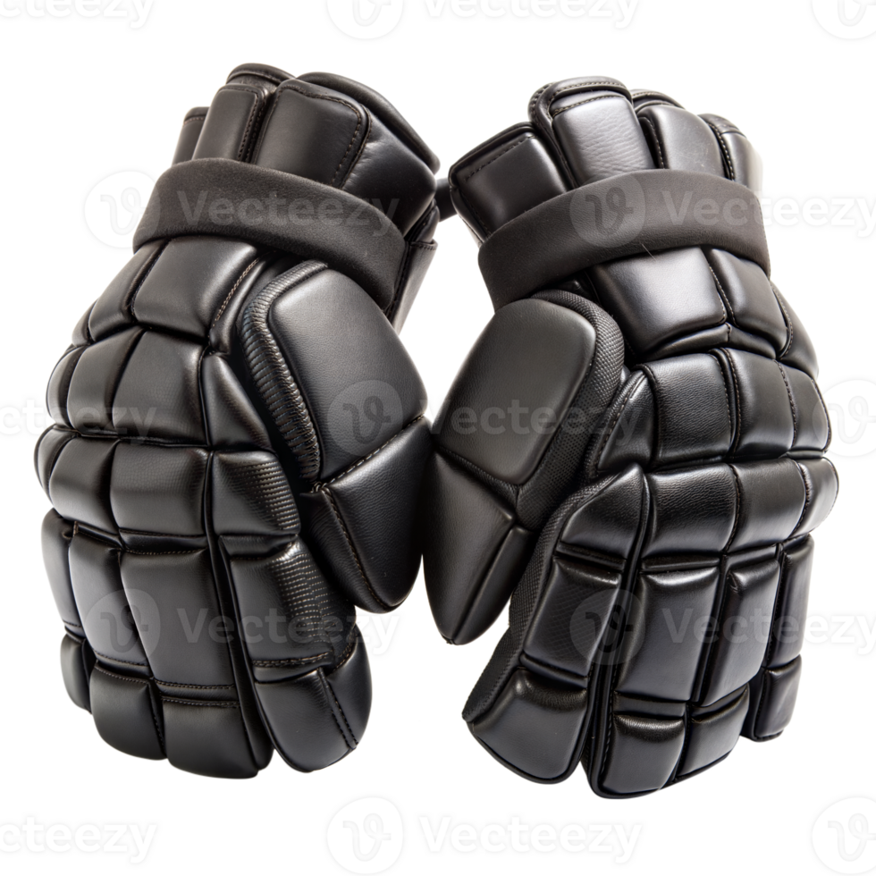 A pair of black leather goalie gloves on a transparent background. png