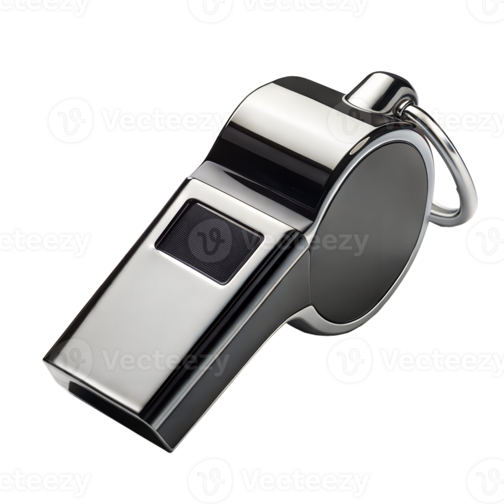 Closeup of a Silver Whistle With a Black Mouthpiece On Transparent Background png