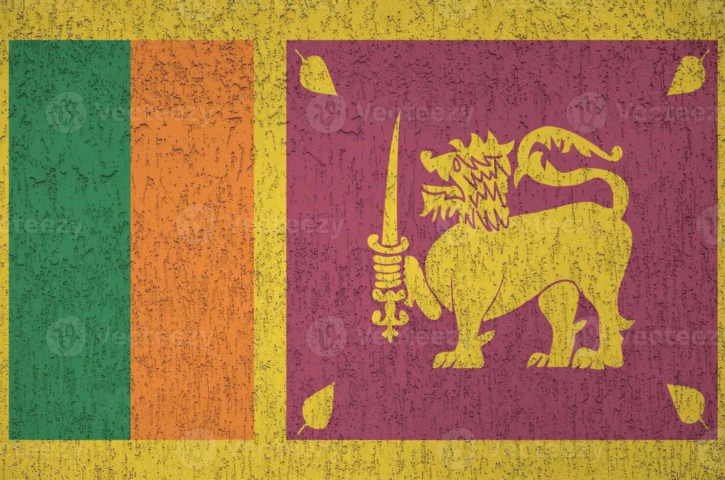 Sri Lanka flag depicted in bright paint colors on old relief plastering wall. Textured banner on rough background photo