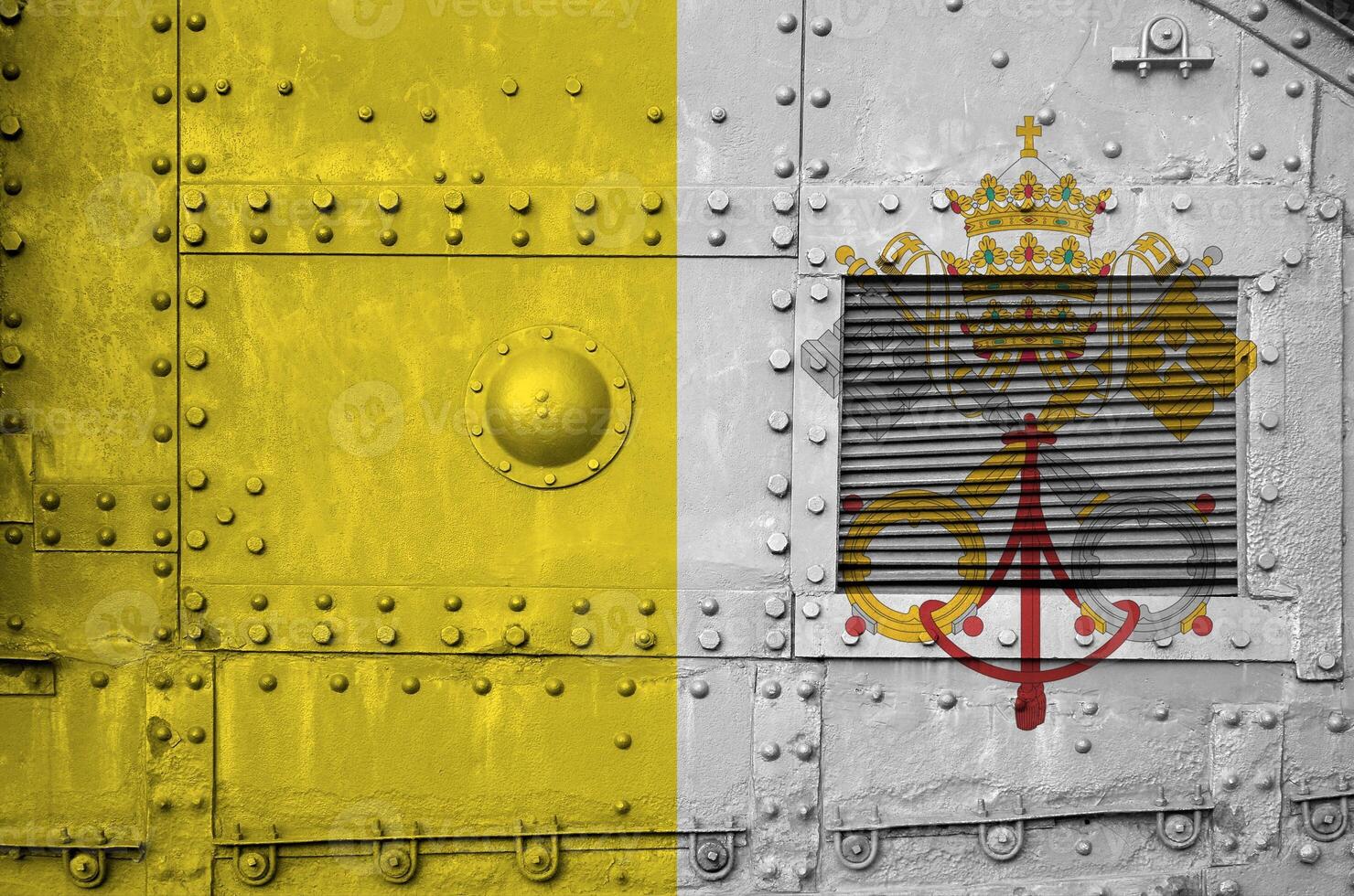 Vatican City State flag depicted on side part of military armored tank closeup. Army forces conceptual background photo