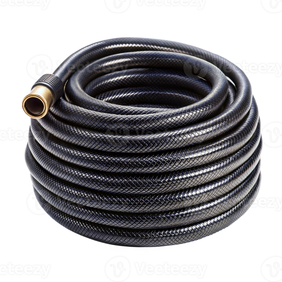Coiled Black Garden Hose With Brass Connector On Transparent Background png