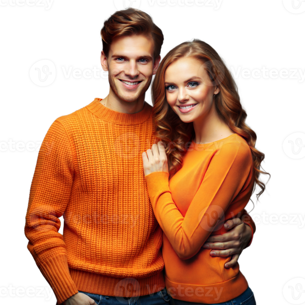 Happy Couple Wearing Matching Orange Sweaters on Transparent Background png