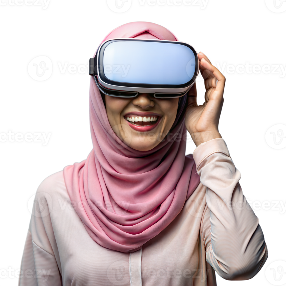 Smiling Woman Wearing Pink Hijab Uses Virtual Reality Headset on Transparent Background png