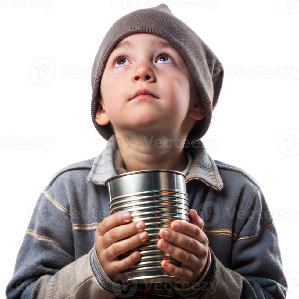 Young Boy Holding Empty Tin Can Looking Upward on Transparent Background png