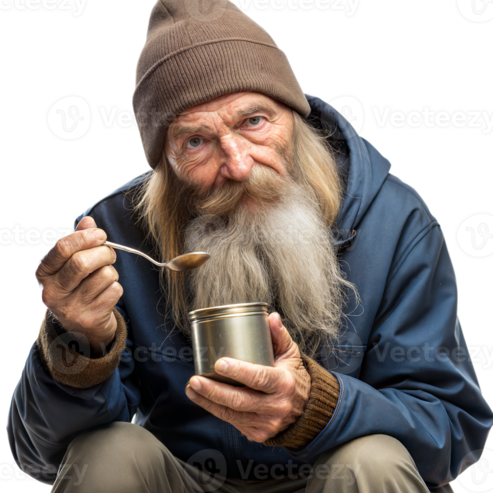 Elderly Man With Long Beard Eating From a Tin Can With a Spoon on Transparent Background png