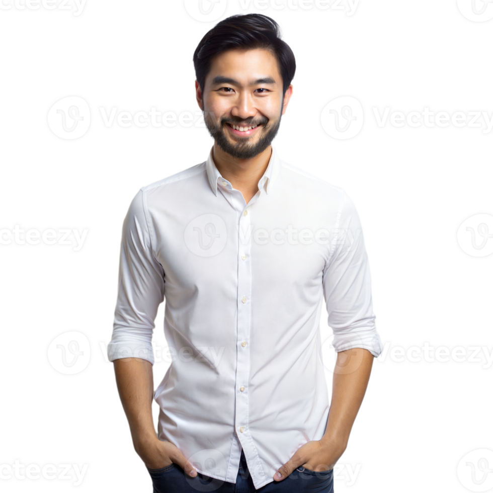 Smiling Asian Man Wearing White Shirt on Transparent Background png