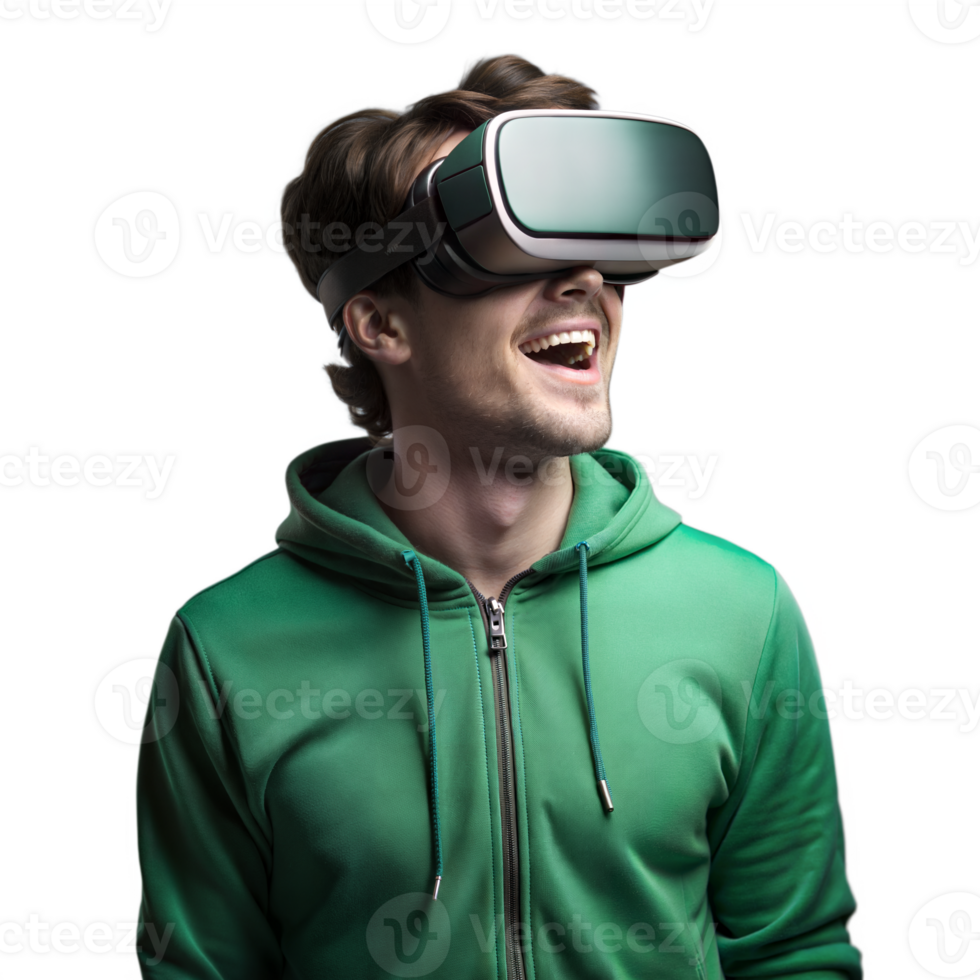 Man Wearing Virtual Reality Headset Smiling and Looking Up on Transparent Background png