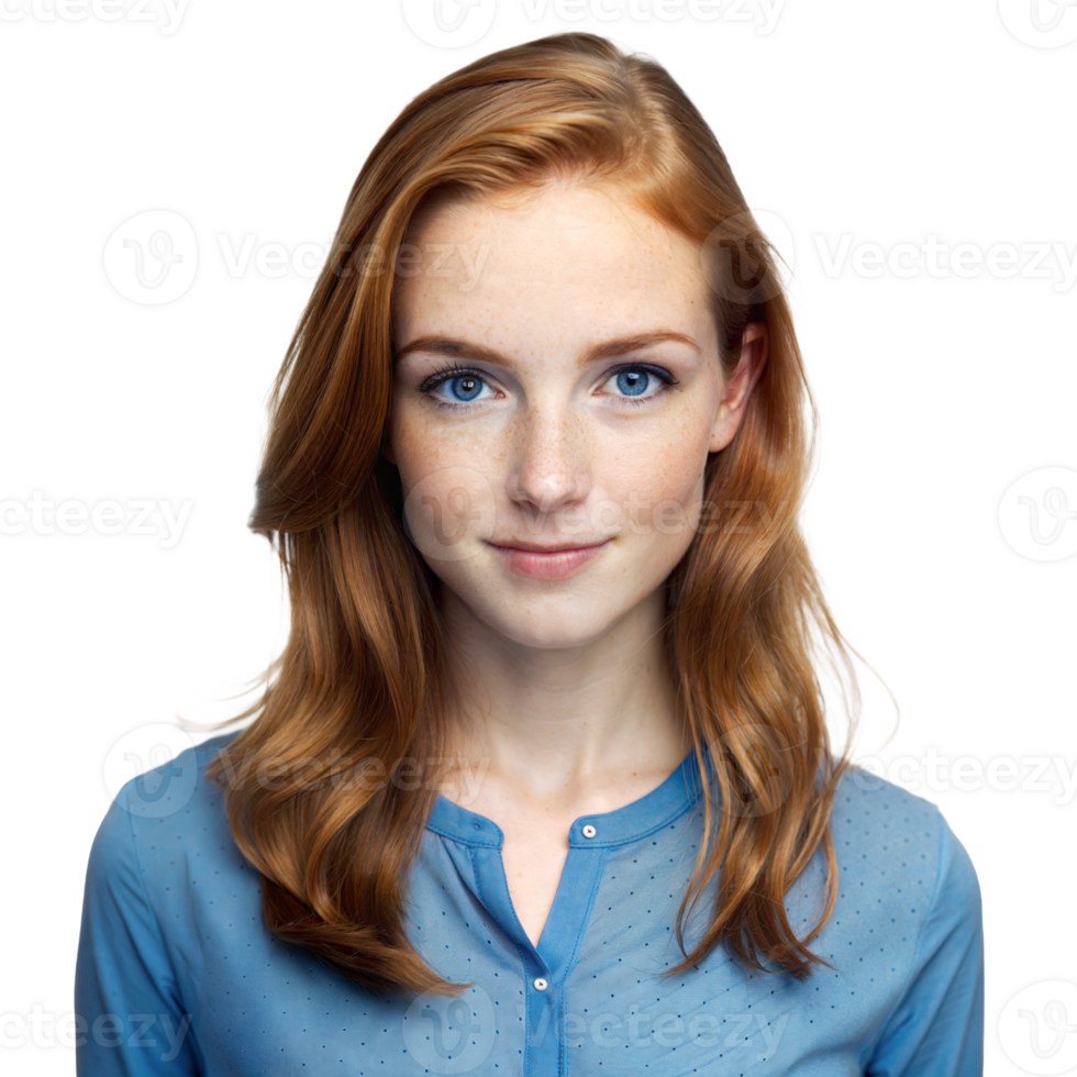 Young Woman With Red Hair and Blue Eyes Wearing a Blue Shirt on Transparent Background png