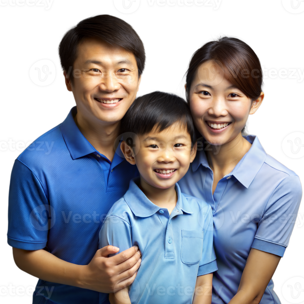 Asian Family Portrait With Son Wearing Blue Polo Shirt on Transparent Background png