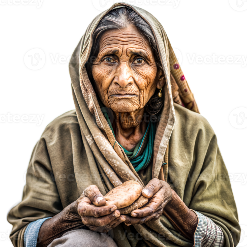 Elderly Woman Holding a Potato in India on Transparent Background png