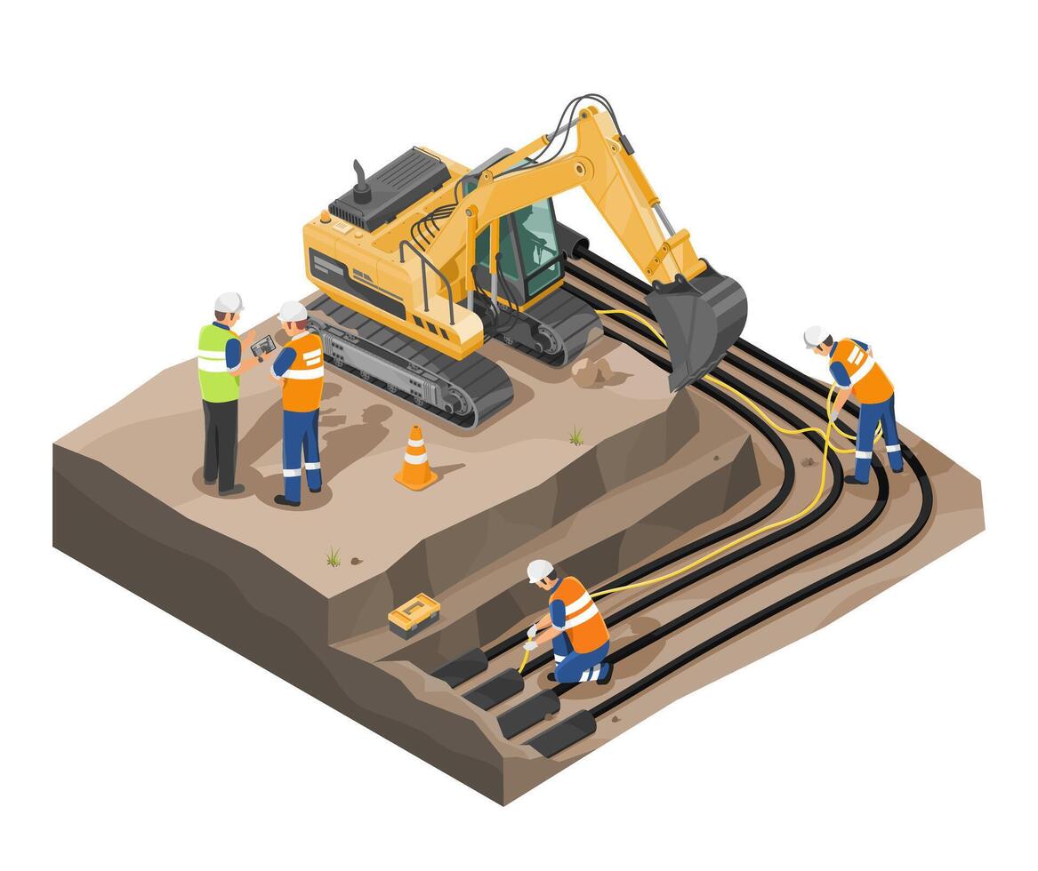 electrical wiring on the underground process electrical engineer and labors technician excavator backhole working and laying underground cable wire to pipe isometric isolated vector
