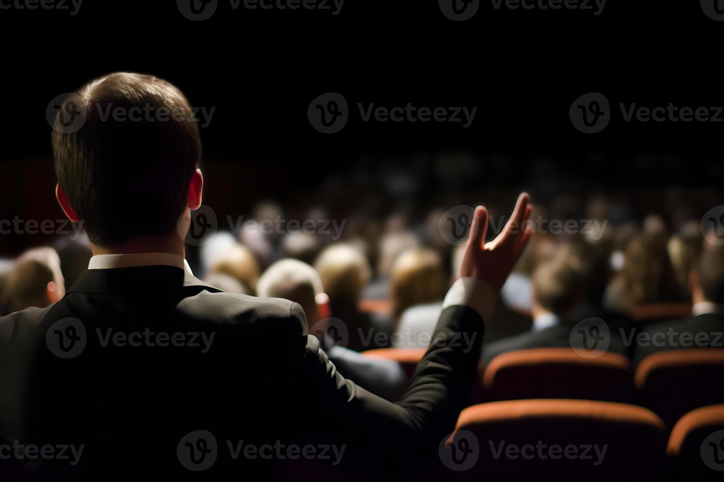 Speaker Giving a Talk at Business Meeting. Audience in the conference hall. Neural network photo