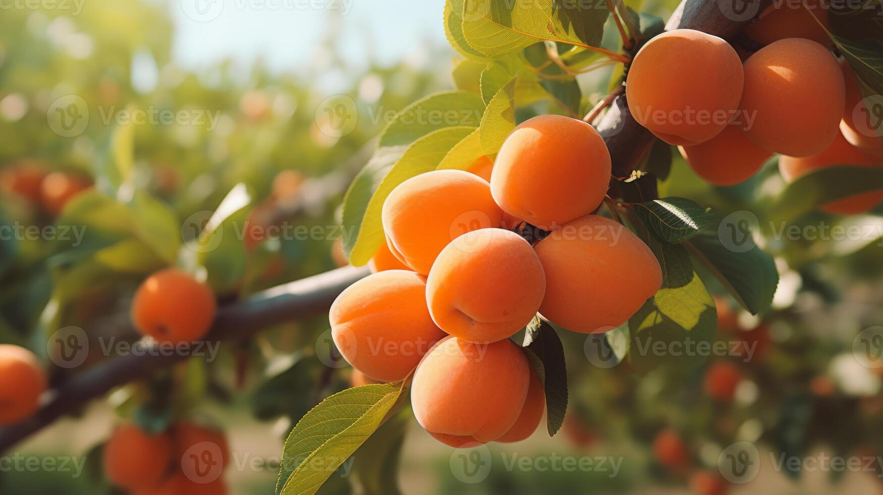 A bunch of ripe apricots on a branch. Neural network photo