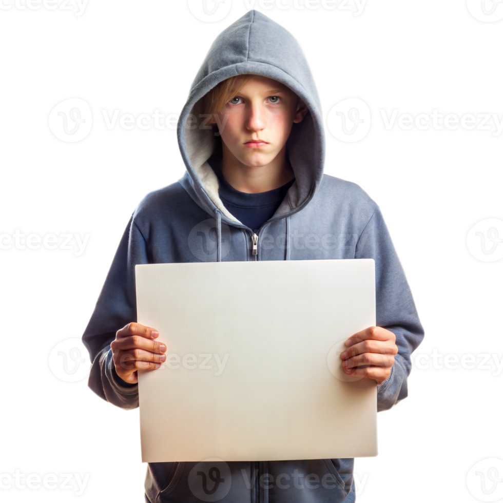 Young Male Teenager Wearing Grey Hoodie Holding Blank Sign on Transparent Background png