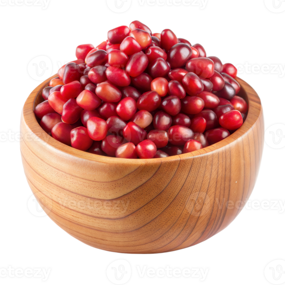 Fresh Red Pomegranate Seeds in a Wooden Bowl on Transparent Background png