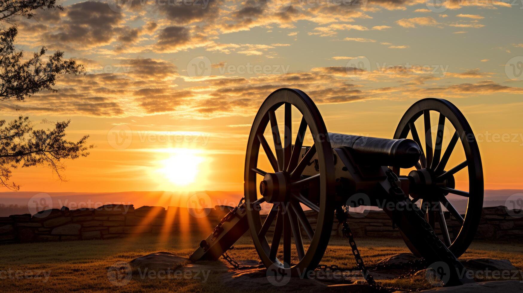 Ancient cannon at sunset. Neural network photo