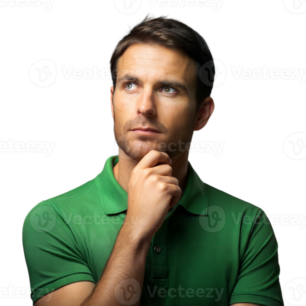 Thoughtful Man Wearing a Green Polo Shirt on Transparent Background png