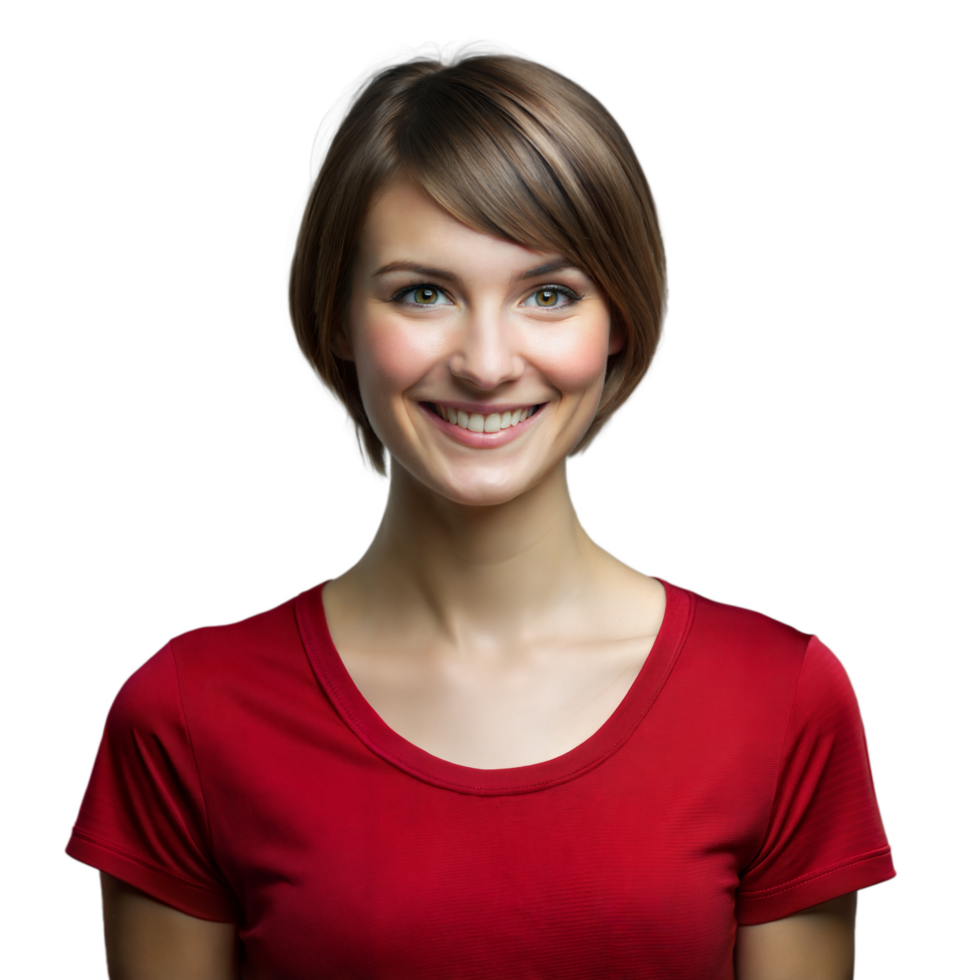 Smiling Woman With Short Brown Hair Wearing Red T-Shirt Against Transparent Background png