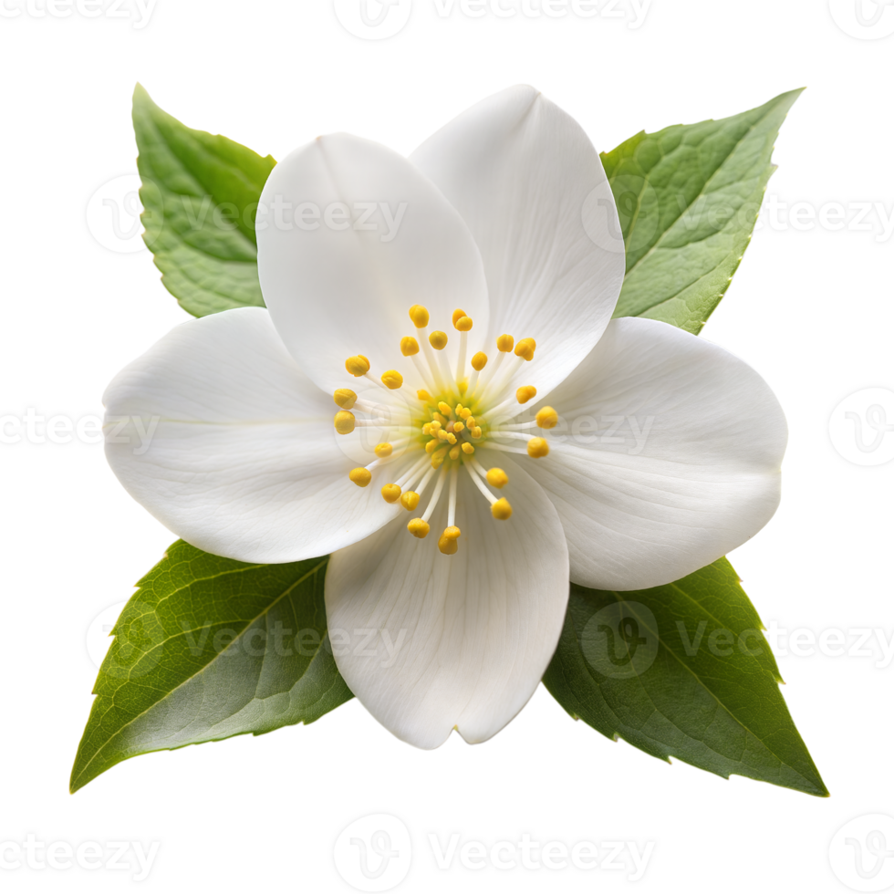 Single White Jasmine Flower With Green Leaves Isolated on Transparent Background png