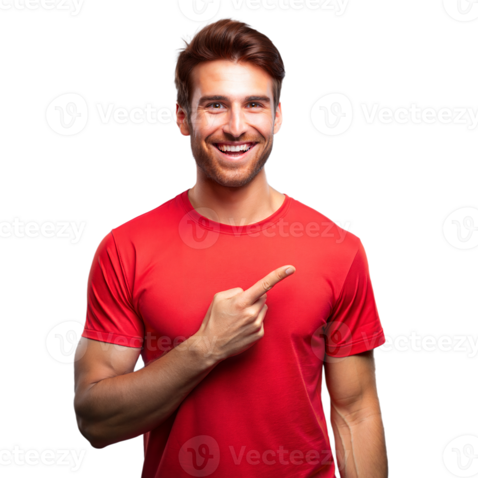 Smiling Man Pointing Right While Wearing Red T-Shirt on Transparent Background png