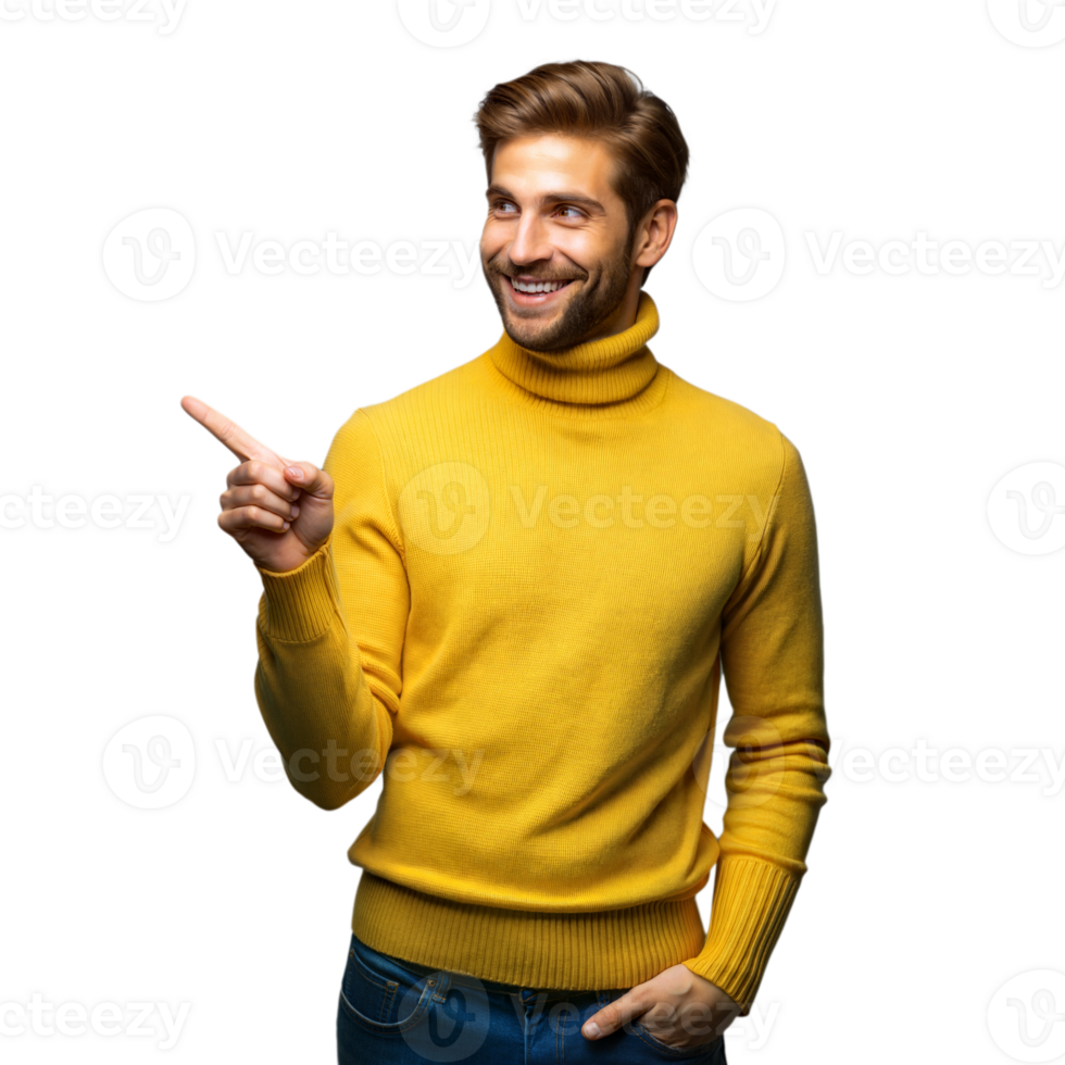 Young Man Wearing Yellow Turtleneck Sweater Pointing Right on Transparent Background png