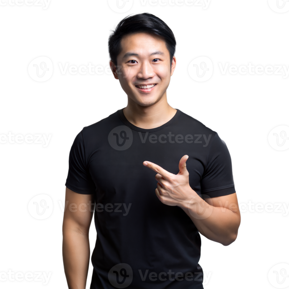 Smiling Asian Man Wearing Black T-Shirt Pointing Right on Transparent Background png
