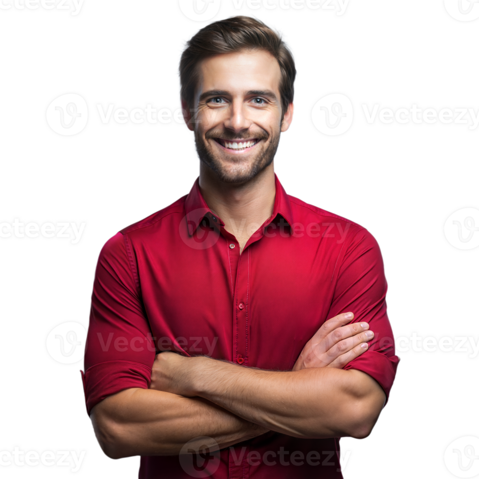 Smiling Man With Arms Crossed Wearing a Red Shirt on Transparent Background png
