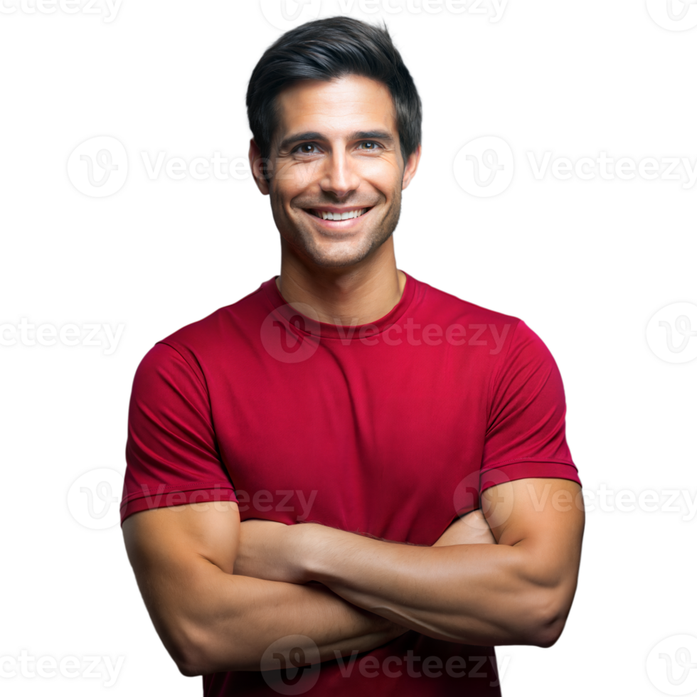 Smiling Man With Crossed Arms Wearing a Red T-Shirt on Transparent Background png