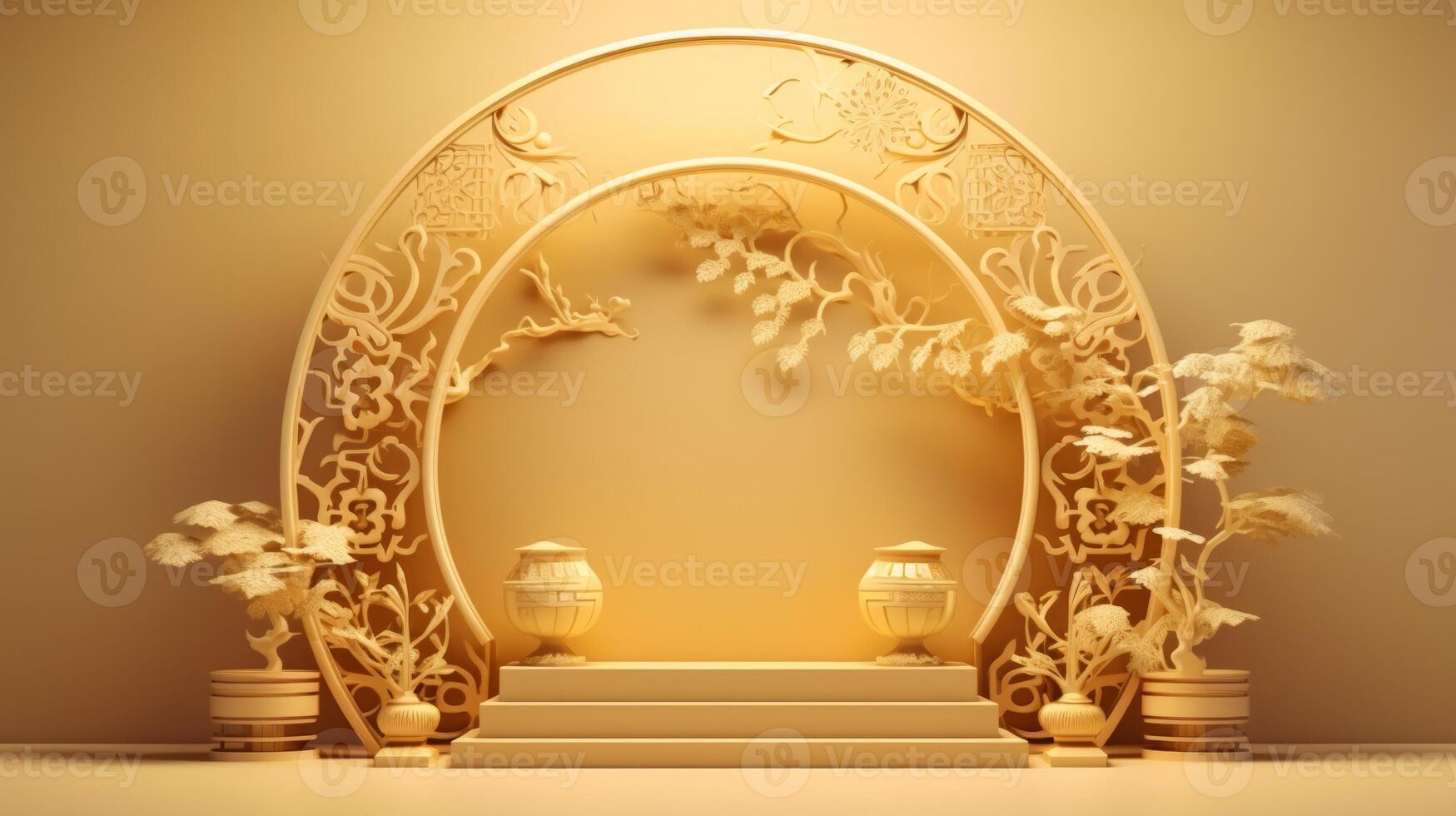 japanese style minimal abstract background.stone podium and bonsai with circle brown background for product presentation. Neural network photo