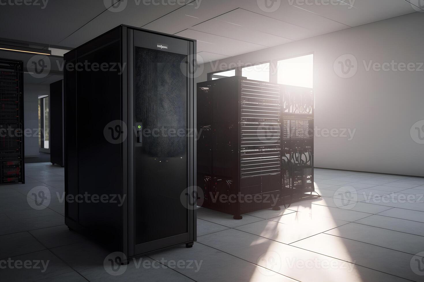 Shot of Data Center With Multiple Rows of Fully Operational Server Racks. Modern Telecommunications. Neural network photo